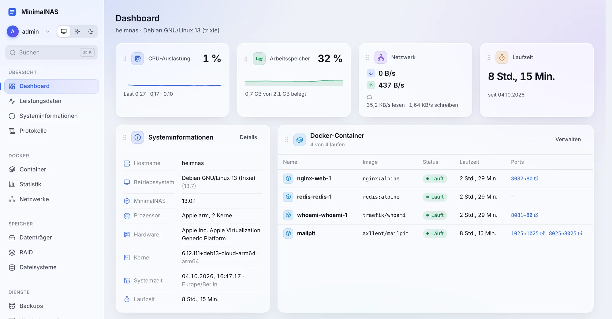 Dashboard von MinimalNAS mit Auslastung, Systeminformationen und laufenden Docker-Containern