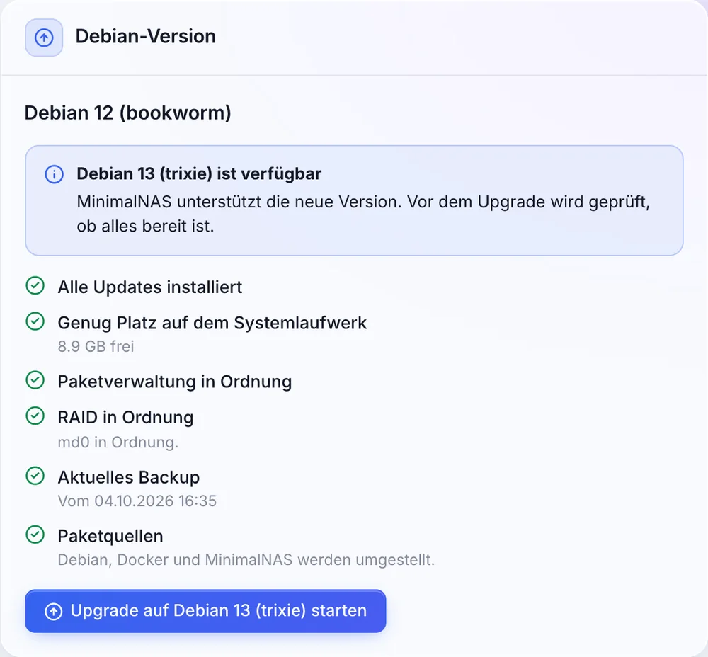 Upgrade-Assistent: Debian 13 ist verfügbar, alle Prüfungen in Ordnung