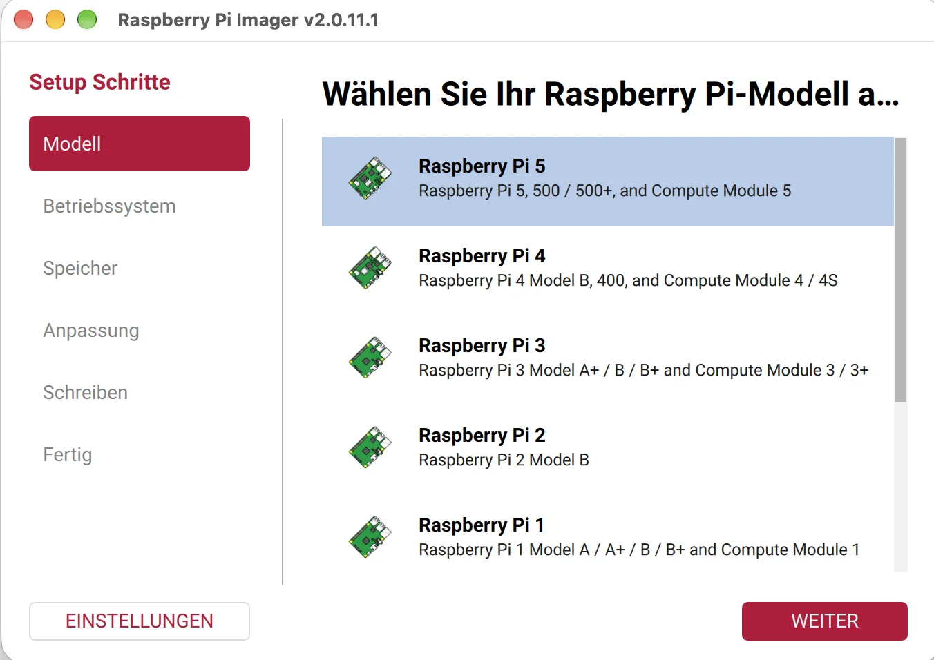 Raspberry Pi Imager – Modell wählen