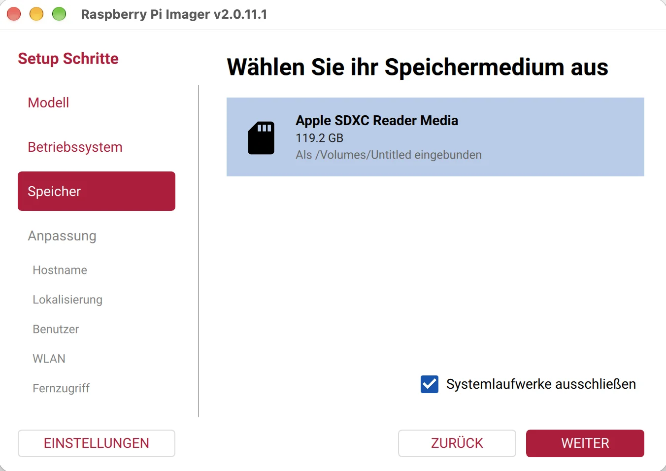 Raspberry Pi Imager – Speicher
