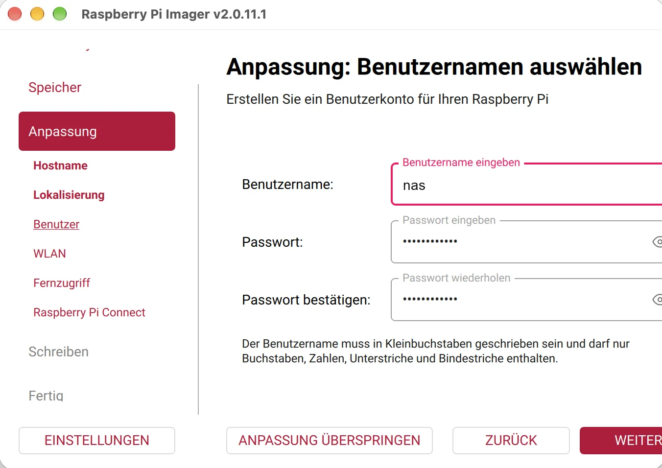 Raspberry Pi Imager – Benutzer