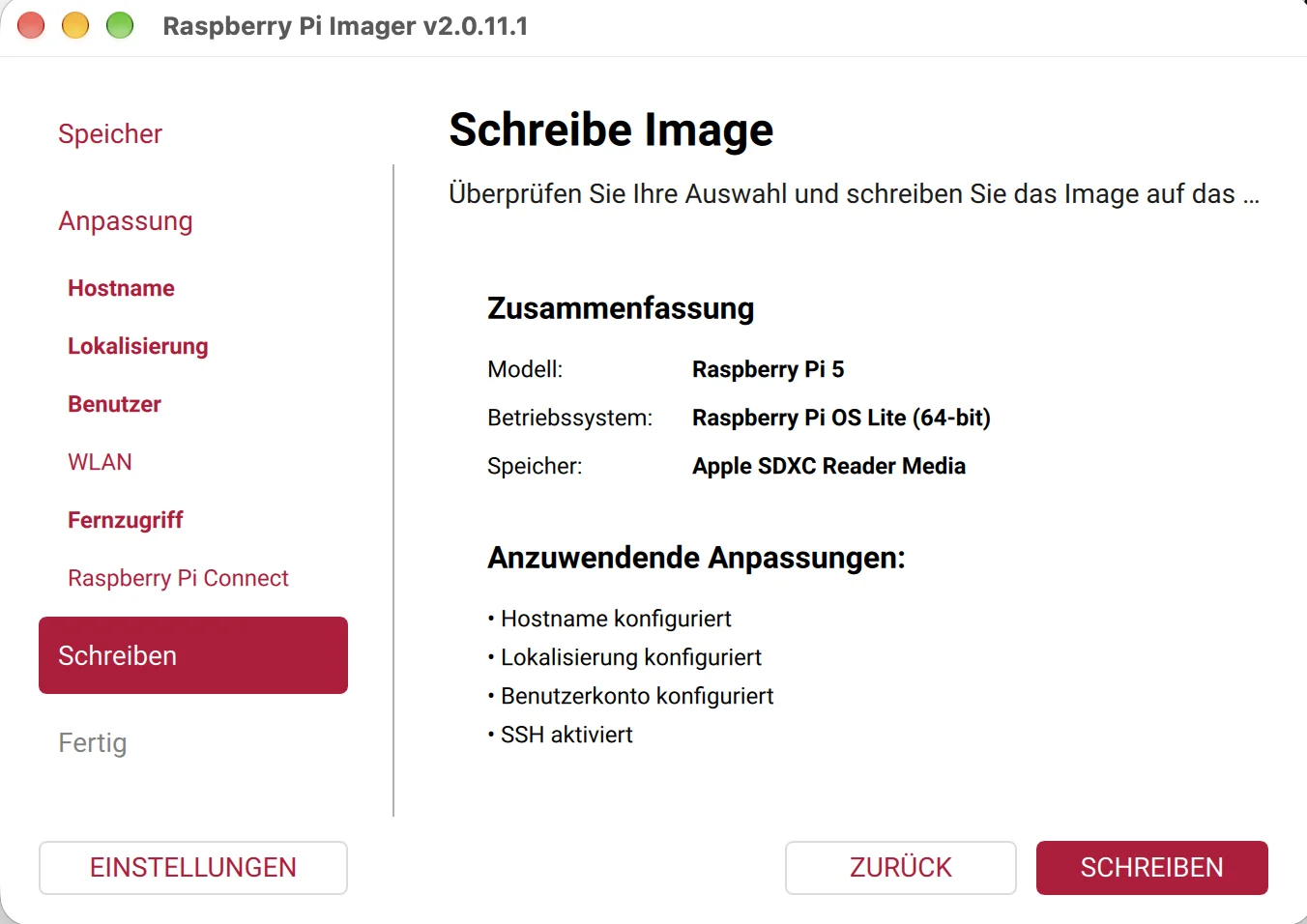Raspberry Pi Imager – Schreiben