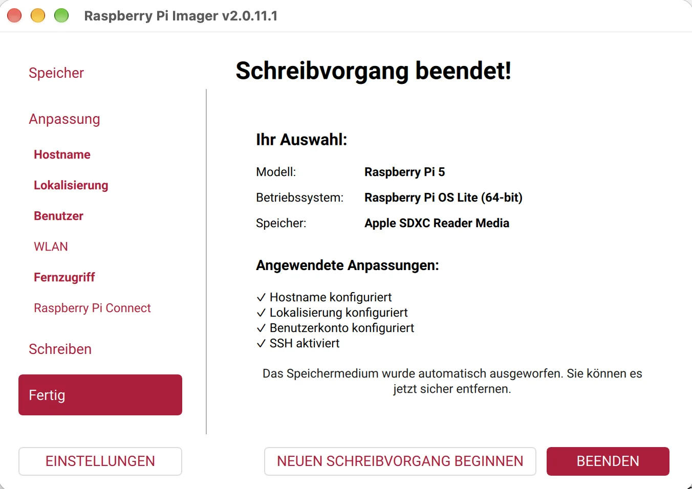 Raspberry Pi Imager – Fertig