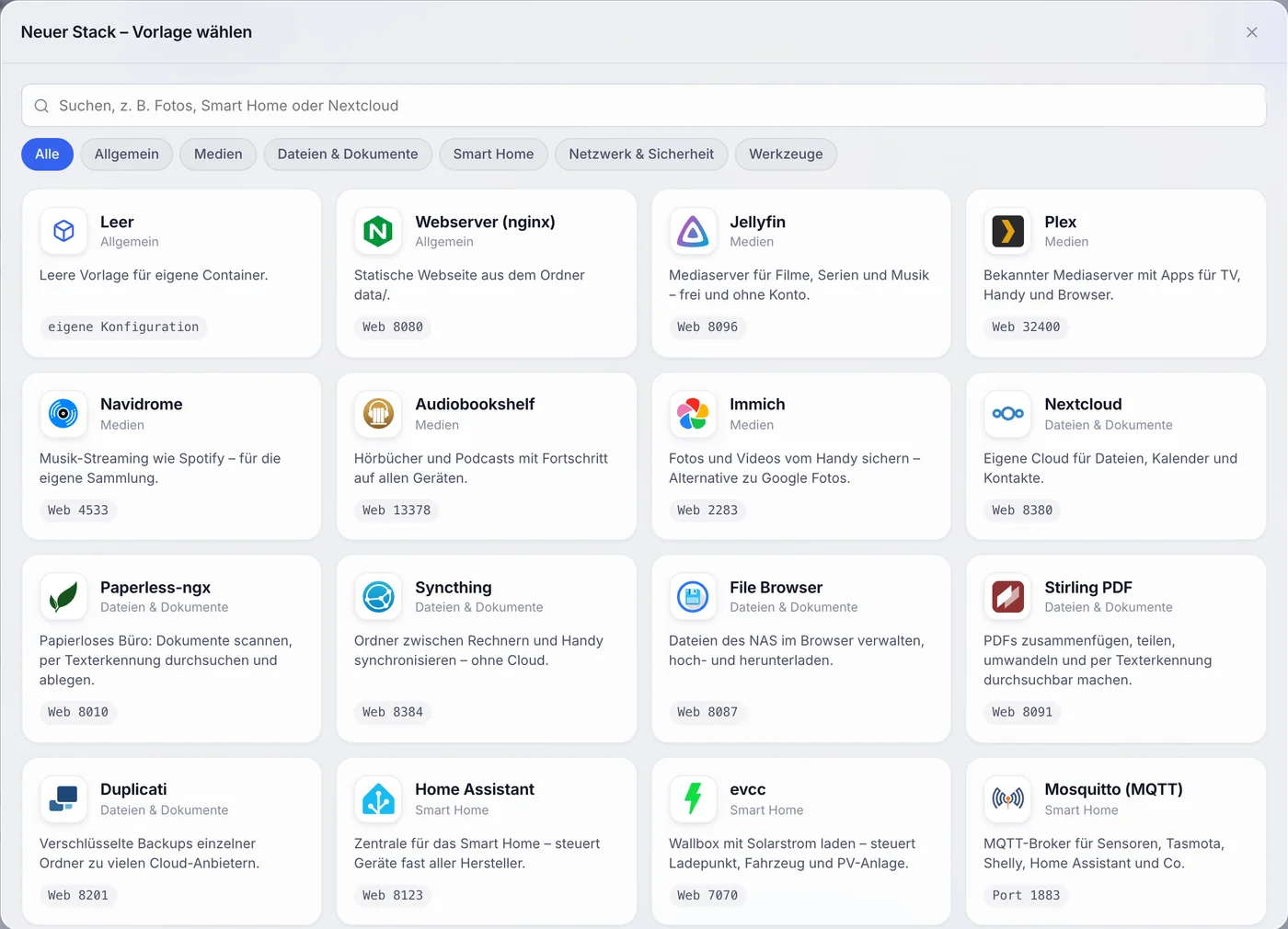 Vorlagen-Galerie mit Jellyfin, Immich, Nextcloud, Home Assistant und weiteren Anwendungen